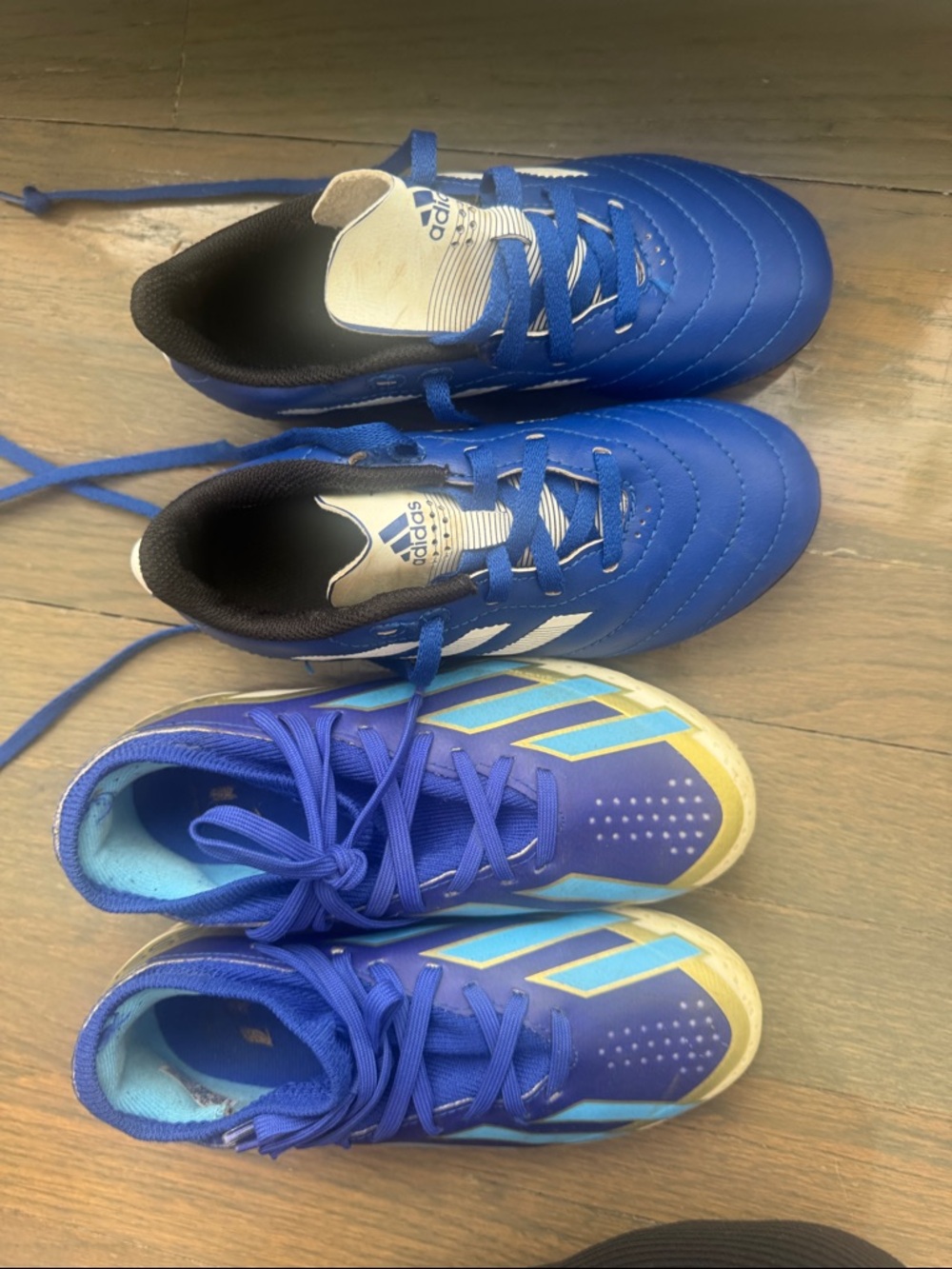 2 pairs - Adidas and Messi Kids Blue Soccer Sneakers - Youth Athletic Cleats